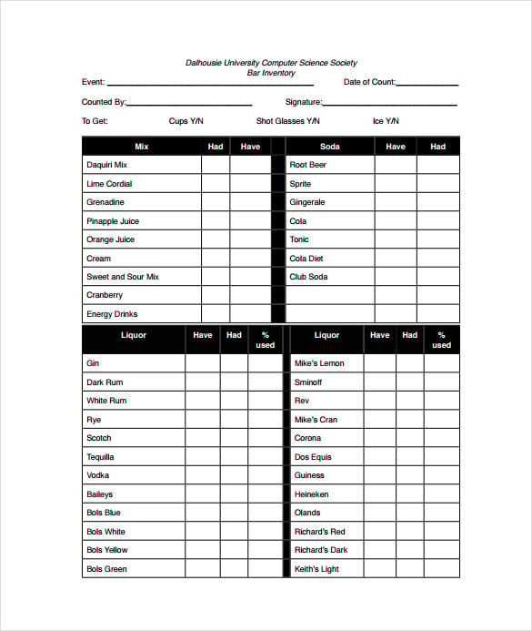 bar inventory sheet pdf template free download