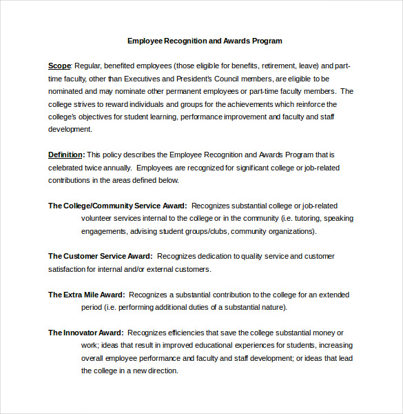 employee recognition award criteria