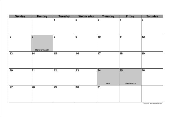 holiday calendar sample template free download