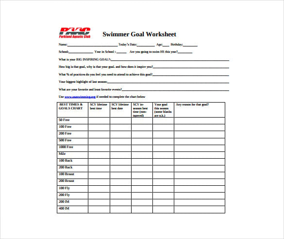 swimmer goal worksheet pdf template free download