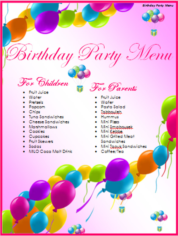 Birthday Party Menu Template