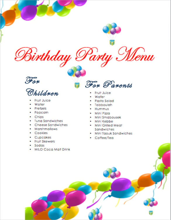 birthday party menu template