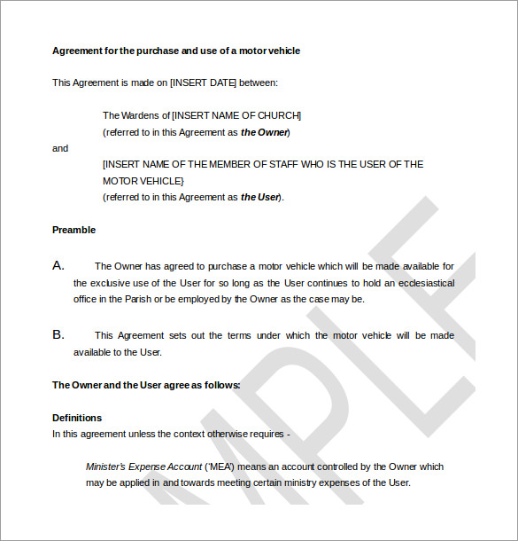 agreement for the purchase motor vehicle