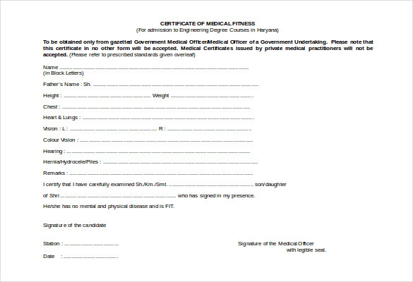 certificate of medical fitness free doc format template