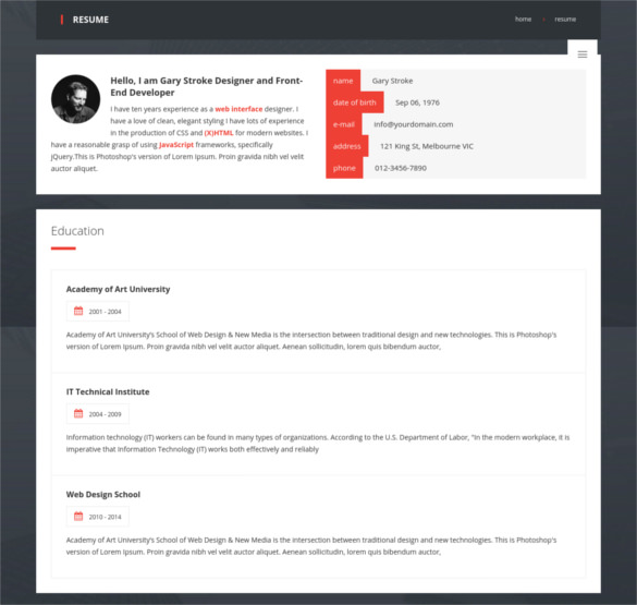 html5 resume template code