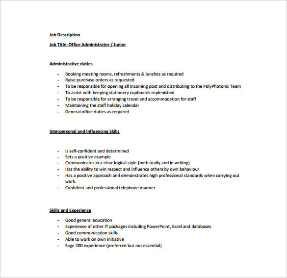 Office Administrator Job Description Templates 11 Free Sample Example Format Download 0194