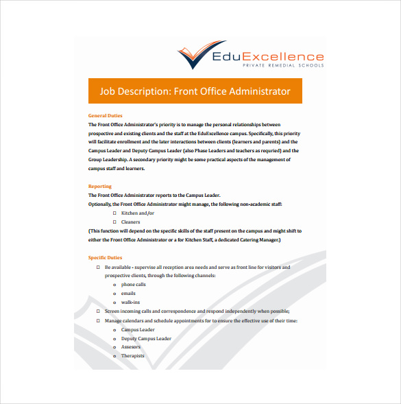 Office Administrator Job Description Templates 11+ Free Sample