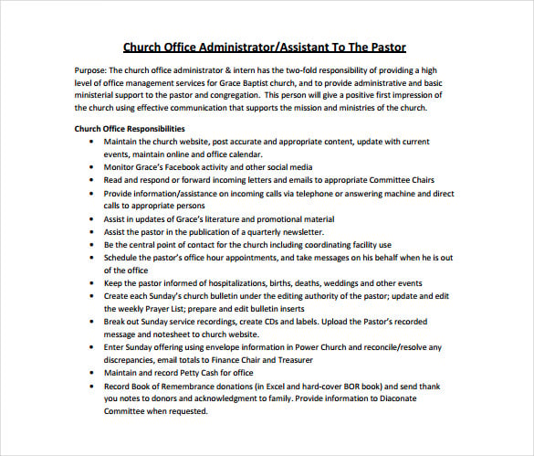church office administrator job description pdf format free download