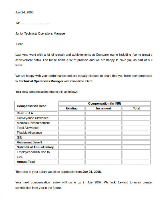 junior technical operations manager appraisal letter template