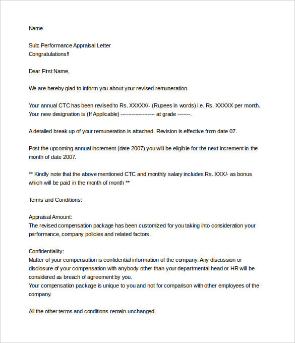 performance appraisal letter from company hr free download