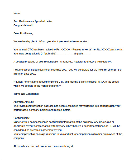 Performance Appraisal Letter From Company HR Free Download