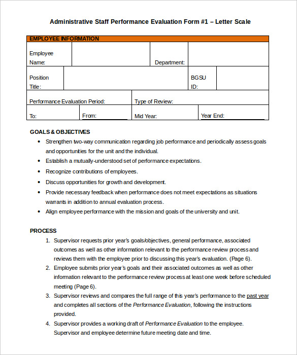 Administrative Staff Performance Appraisal Template Sample Printable