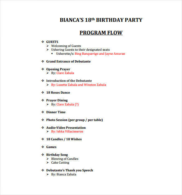 Birthday Party Agenda Sample