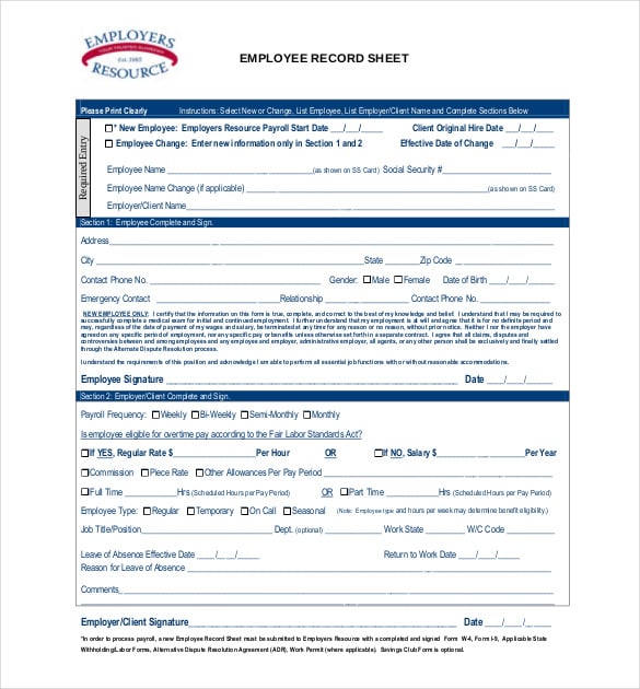 employee record sheet