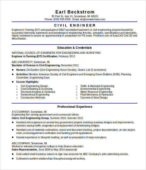 sample resume civil engineer entry level template download