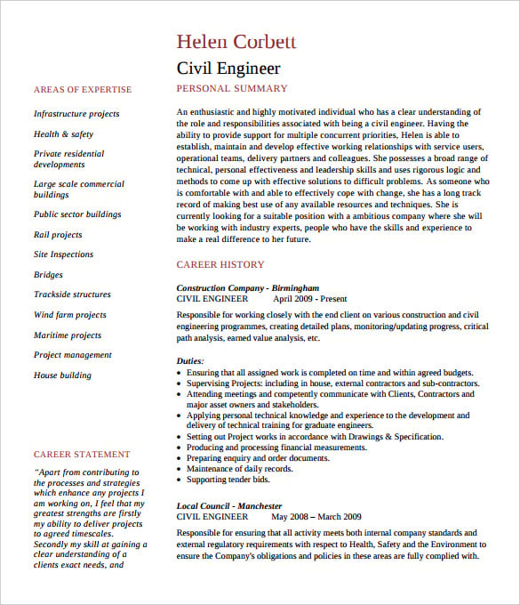 printable civil engineer cv template example pdf download