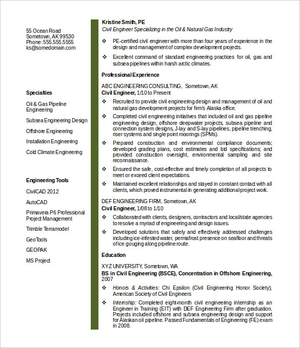 sample midlevel civil engineer resume template word format