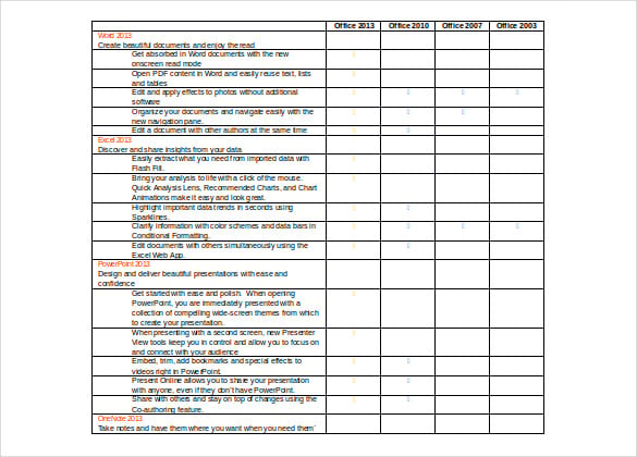 office version comparison chart free doc format template