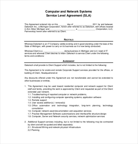 Information Technology Service Level Agreement Template