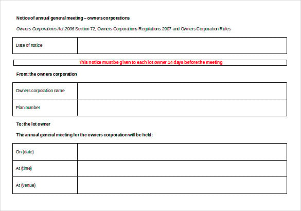 owners corporations notice of annual general meeting free doc template