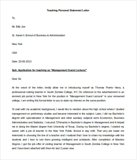 sample teaching personal statement letter template download