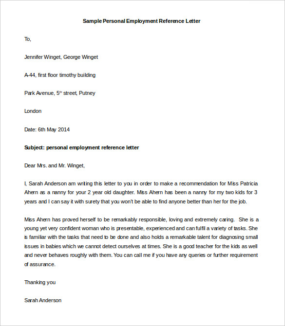 sample personal employment reference letter template download