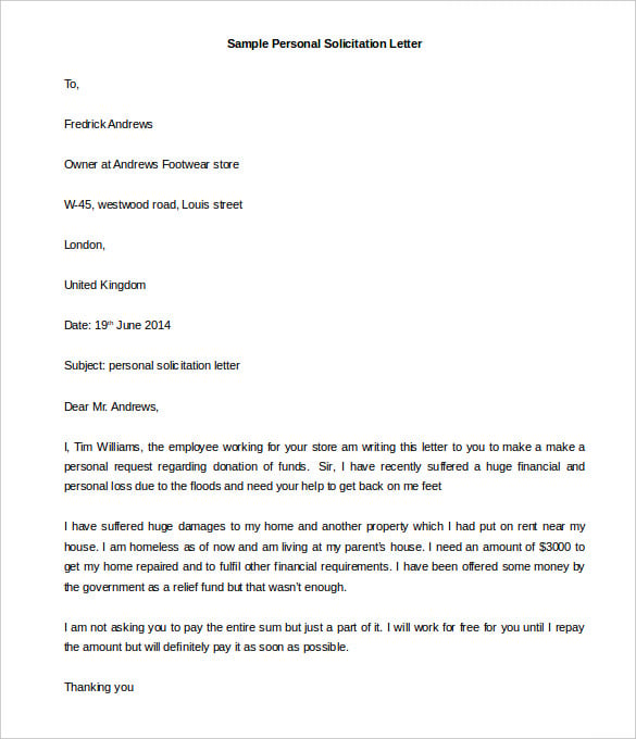 sample personal solicitation letter word download