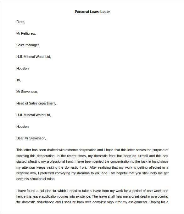 personal leave letter template example free download