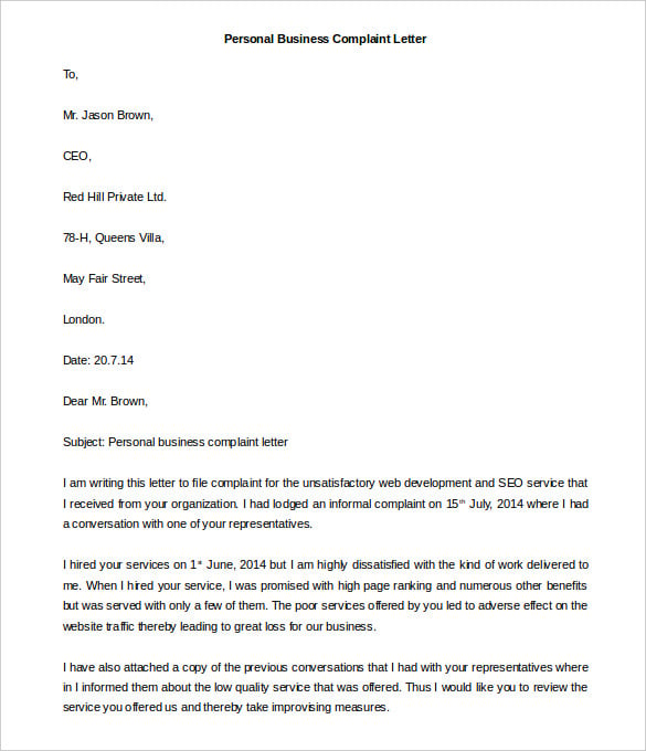 free personal business complaint letter template example