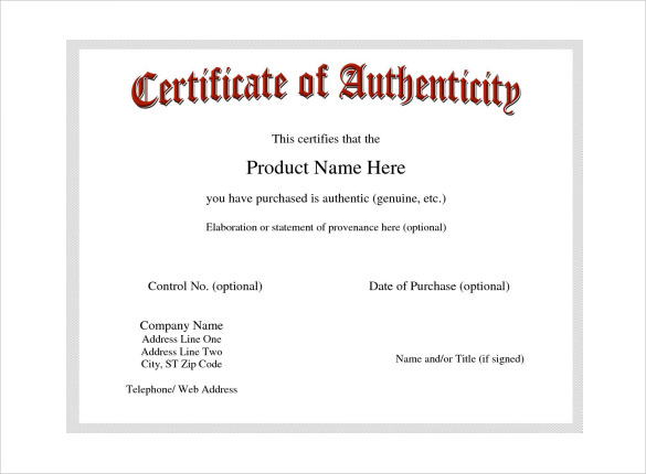 Certificate Of Authenticity Template Certificate Templates Free 