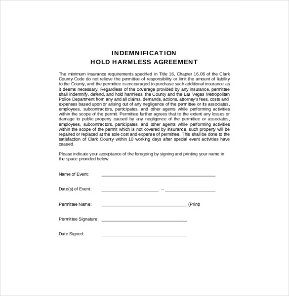 Printable Blank Hold Harmless Agreement Pdf - Printable Templates