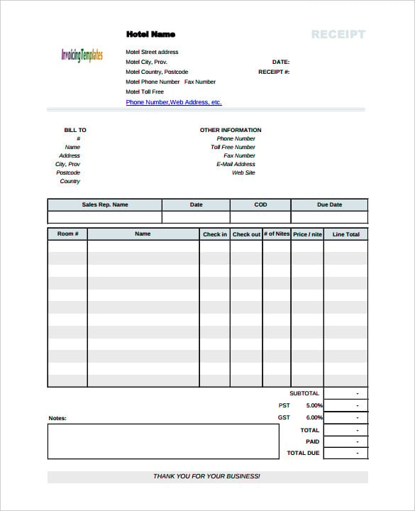 printable blank hotel receipt template pdf format