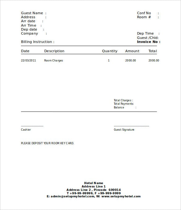 Hotel Receipt Template 11 Free Printable Word Excel PDF Formats