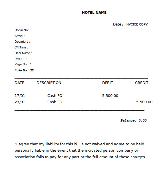 legal hotel receiot template word format download