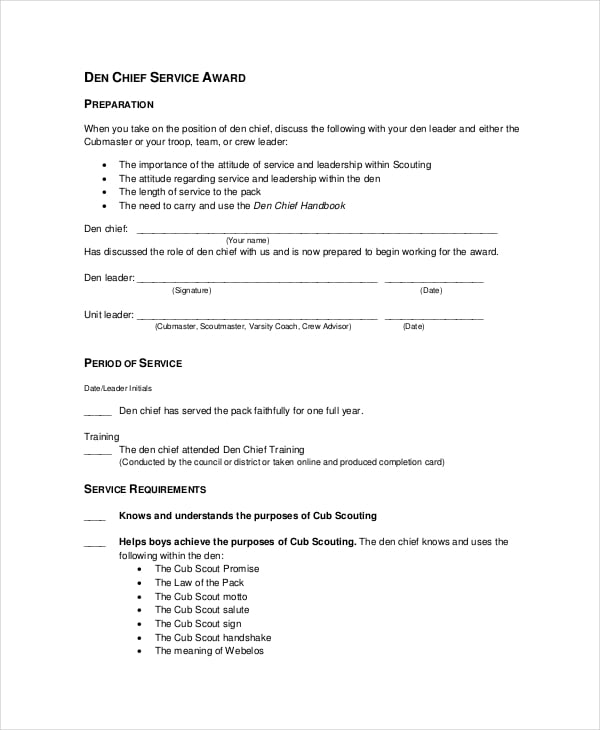 chief service award template