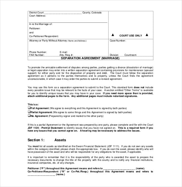 marriage separation agreement pdf format
