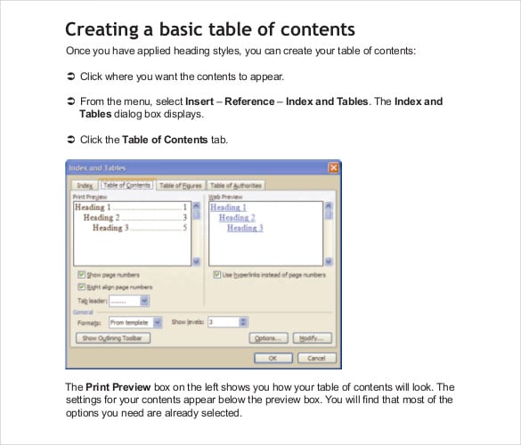 creating a table of content quickly in word