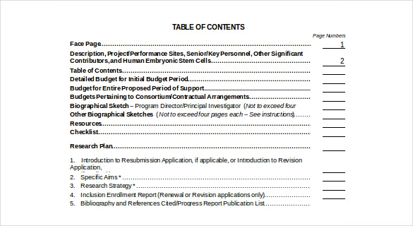 research grant table of content free doc format template