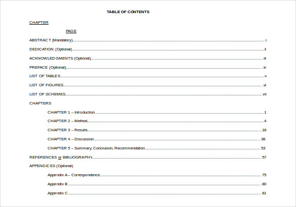 table of contents apa format example