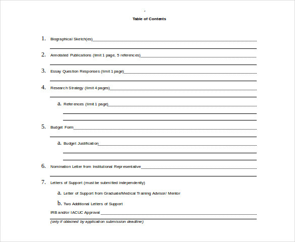 doc format table of content template free download