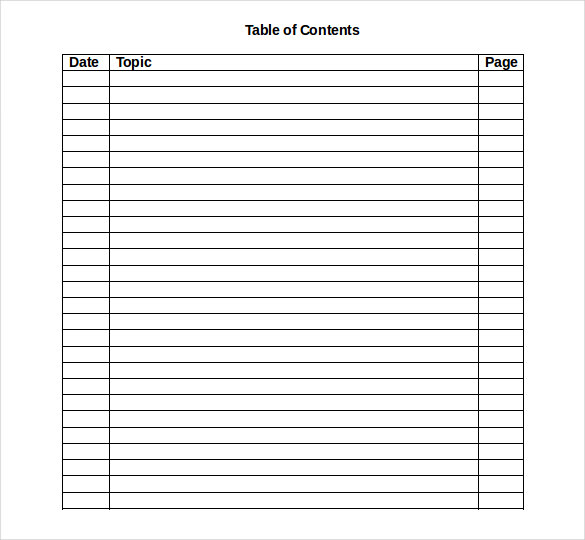 Fillable table of contents template