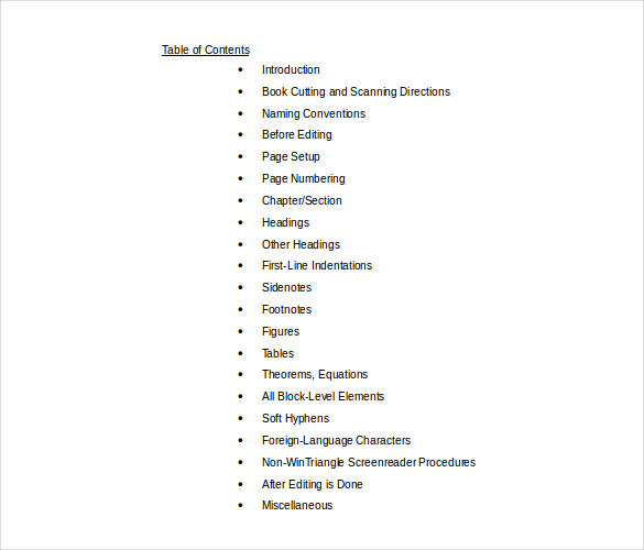 table of contents template for portfolio