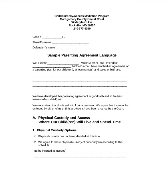 Custody Agreement Template 11 Word PDF Document Download