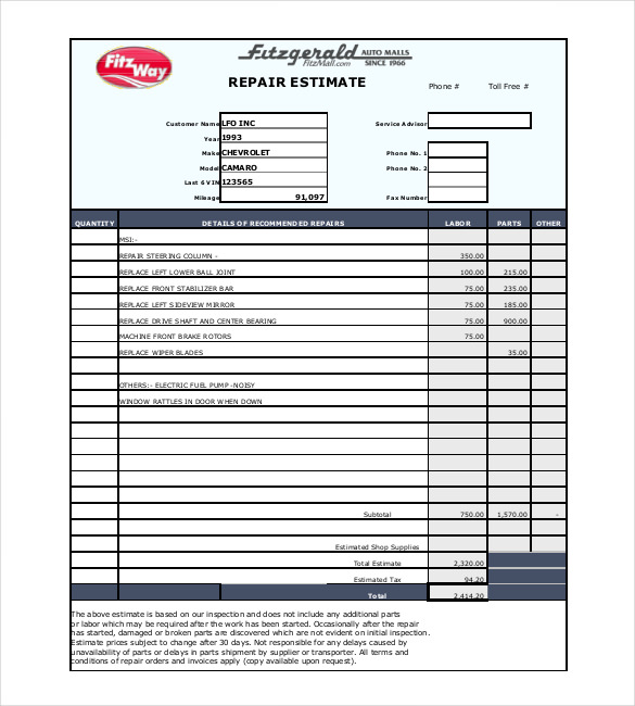 repair estimate template pdf download