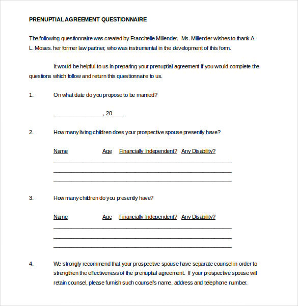 prenuptial agreement questionnaire