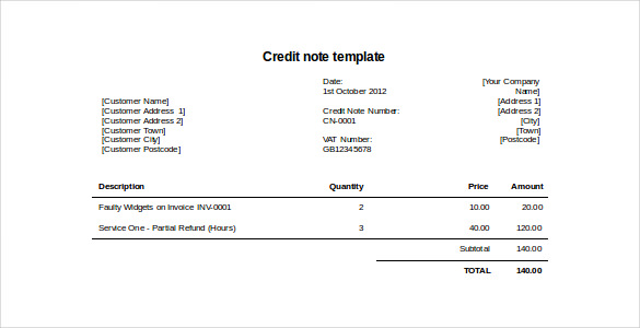 credit note образец на английском