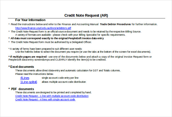 credit note instructions template free download excel format