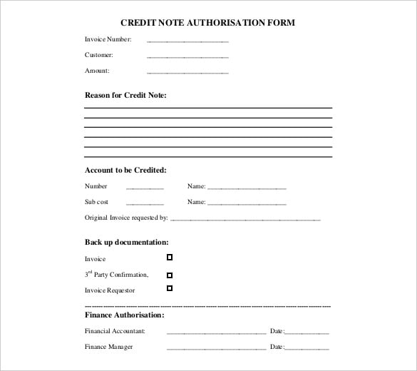 credit note authorisation form template free pdf format
