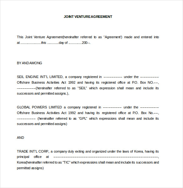 contractual joint venture agreement template