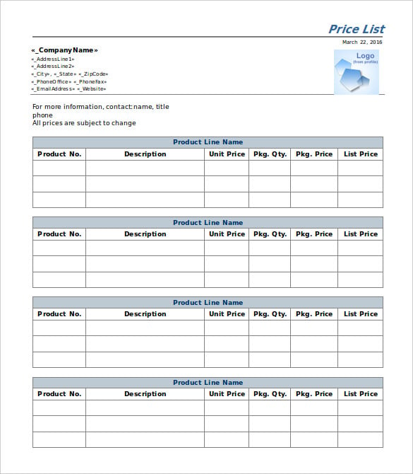 printable price list template with item description